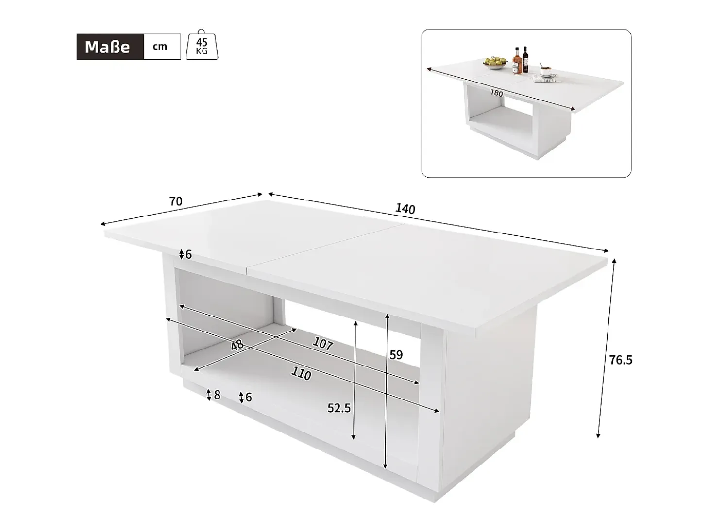 Mesa de comedor extensible, cuadrada, mesa de centro, blanca, MDF, (140/180x70x76,5 cm)