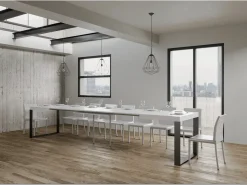 Mesa de comedor extensible tiroz-Color Blanco-Soporte 4 pies-5 alargaderas finas-Ancho extensible