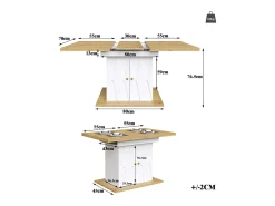 Mesa de comedor extensible con estampado en relieve - 110 (140) x 70 x 76 cm - con 2 puertas - MDF - blanco + natural