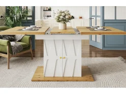 Mesa de comedor extensible con estampado en relieve - 110 (140) x 70 x 76 cm - con 2 puertas - MDF - blanco + natural