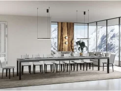 Mesa de comedor extensible Karry-Color Gris cemento-Base y soporte con ruedas-Ancho extensible