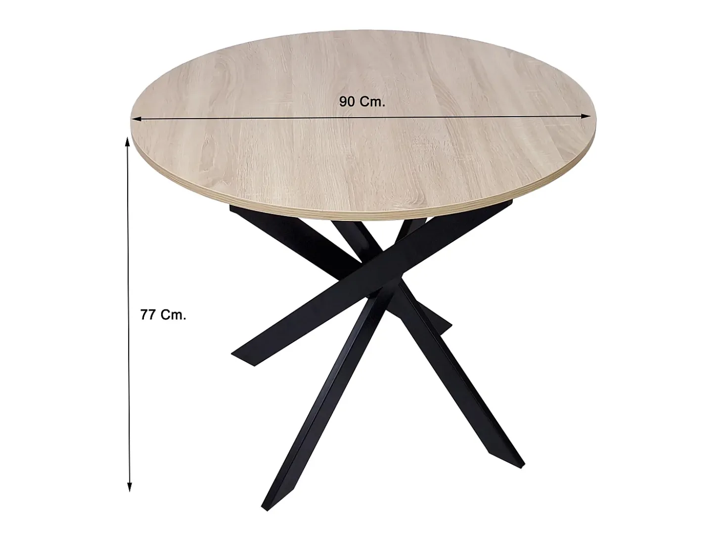 Mesa de comedor fija redonda ZEN, 90x90x77cm, Capacidad hasta 4 personas, Color roble, Patas metálicas negro lacado mate