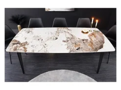 Mesa de comedor HEXA – Cerámica efecto piedra y metal negro – 180 cm – Estilo contemporáneo