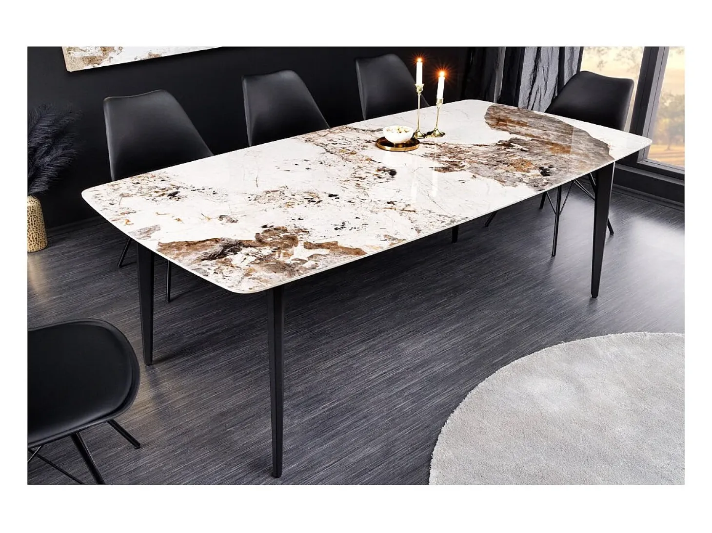 Mesa de comedor HEXA – Cerámica efecto piedra y metal negro – 160 cm – Estilo contemporáneo