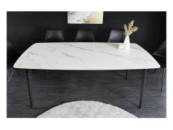 Mesa de comedor HEXA 180 cm – Tablero de cerámica efecto mármol blanco y estructura de metal negro