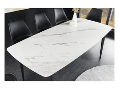 Mesa de comedor HEXA 180 cm – Tablero de cerámica efecto mármol blanco y estructura de metal negro