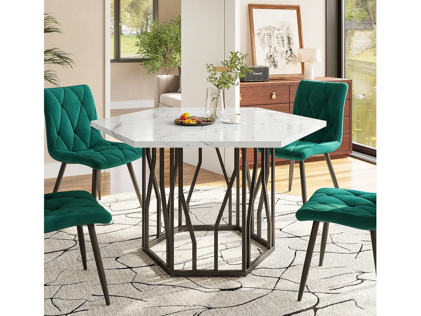 Mesa de comedor hexagonal para 4-6 personas - patas de metal negro - blanco (115,5 x 115,5 x 75 cm)