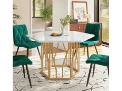 Mesa de comedor hexagonal para 4 personas, tablero chapado en mármol blanco con patas de metal dorado - 115,5x100x75cm