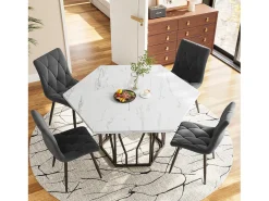 Mesa de comedor hexagonal moderna, soporte de metal, tapa con diseño de mármol, Blanco