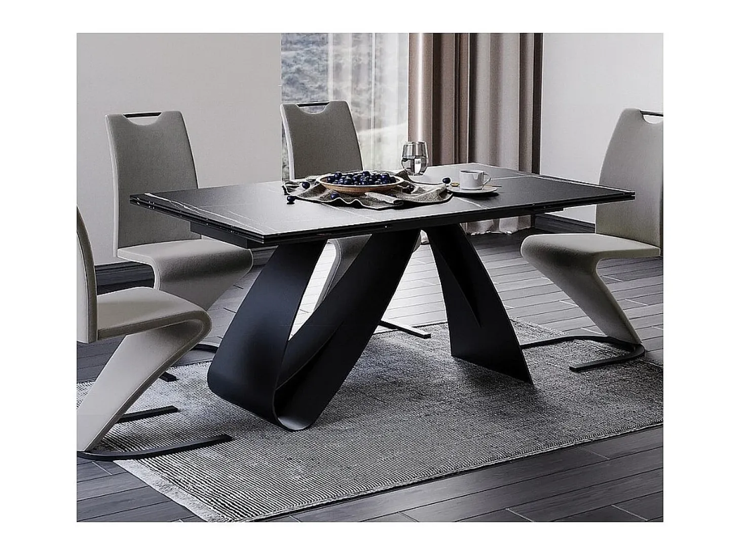 Mesa de comedor Justine de cerámica negra y cristal templado
