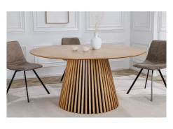 Mesa de comedor KANOVA 120 cm – Tablero redondo de roble claro y pie central de diseño – Estilo contemporáneo