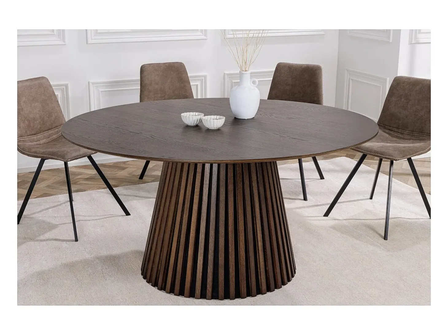 Mesa de comedor KANOVA 120 cm – Tablero redondo de roble oscuro y pie central de diseño – Estilo contemporáneo