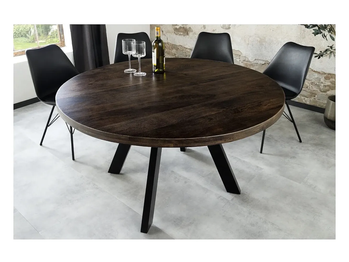 Mesa de comedor LODEN redonda 120 cm – Mesa industrial de madera maciza de mango y metal