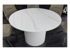 Mesa de comedor LUMEA – Redonda 120 cm – Efecto mármol blanco – Pie central ancho – Estilo contemporáneo