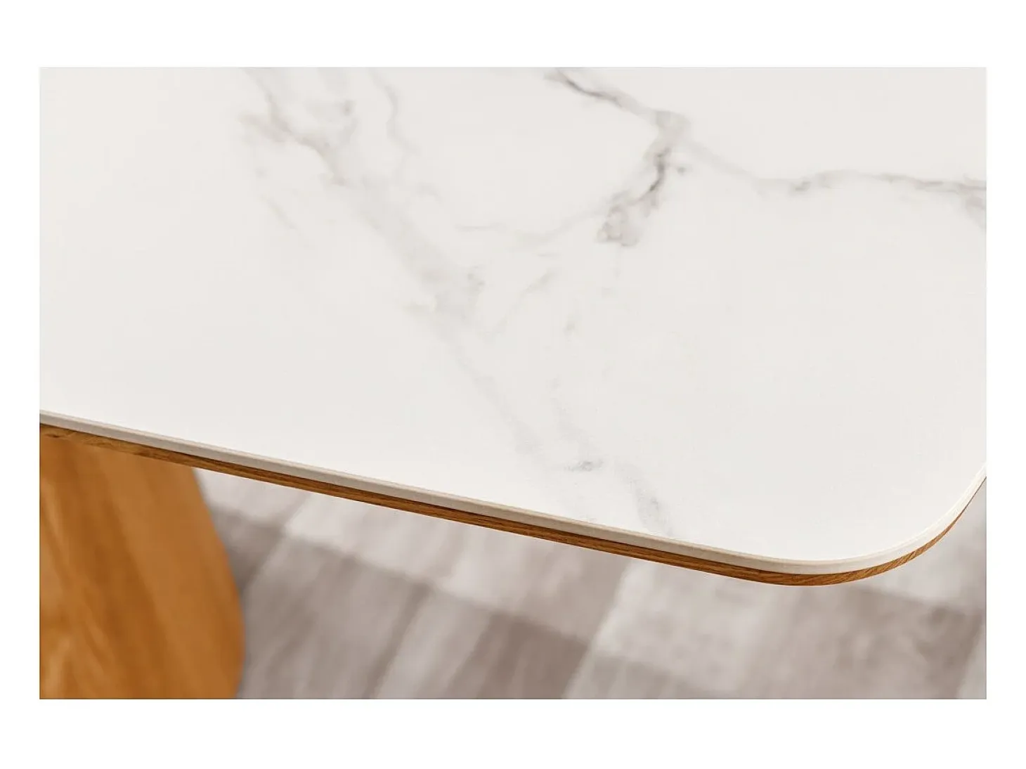 Mesa de comedor LUMEA – Rectangular 200 cm – Tablero cerámico efecto mármol blanco y pata aspecto madera clara