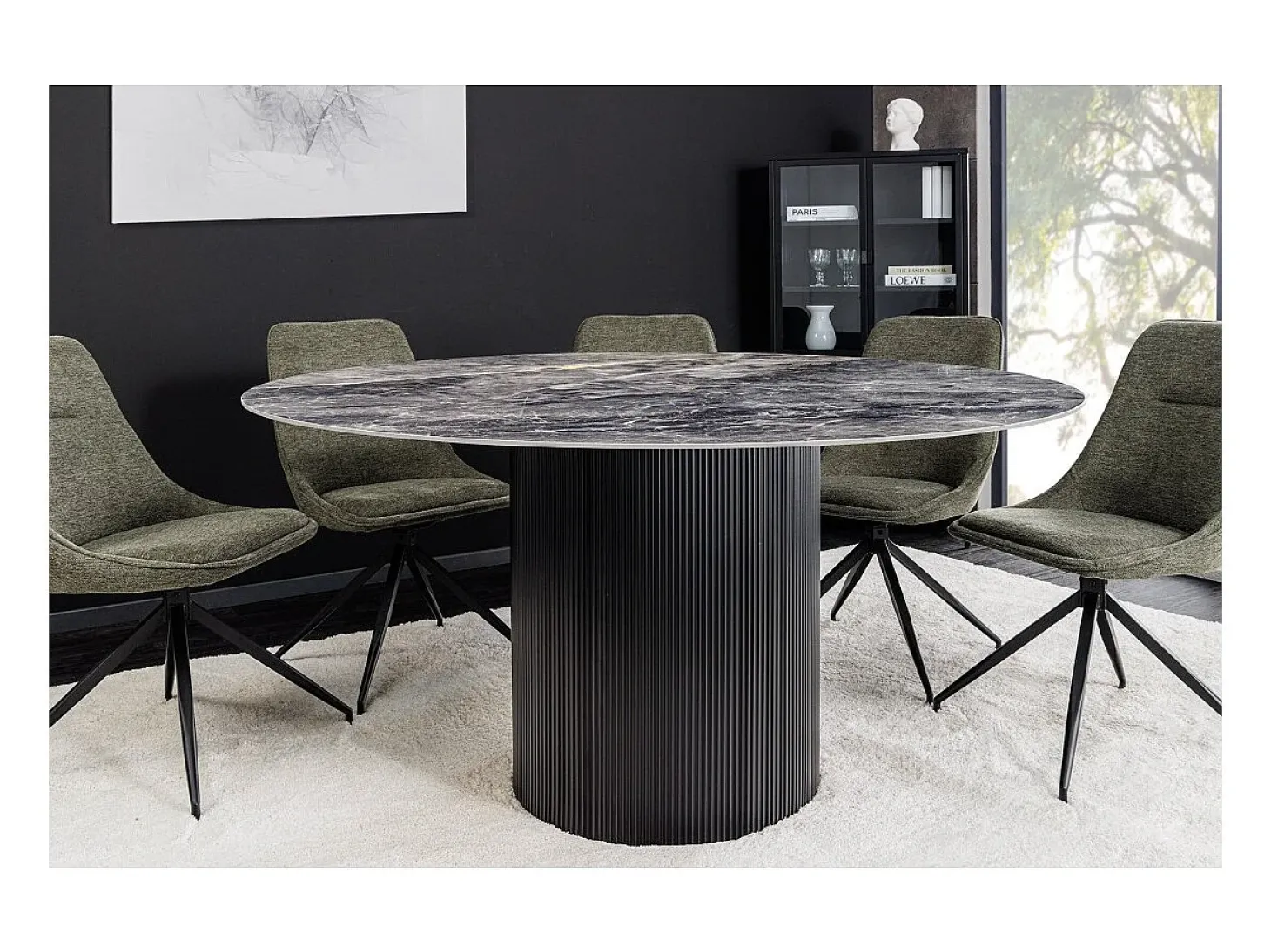 Mesa de comedor LUMEA – Redonda 120 cm – Efecto mármol gris oscuro – Pie central ancho – Estilo contemporáneo