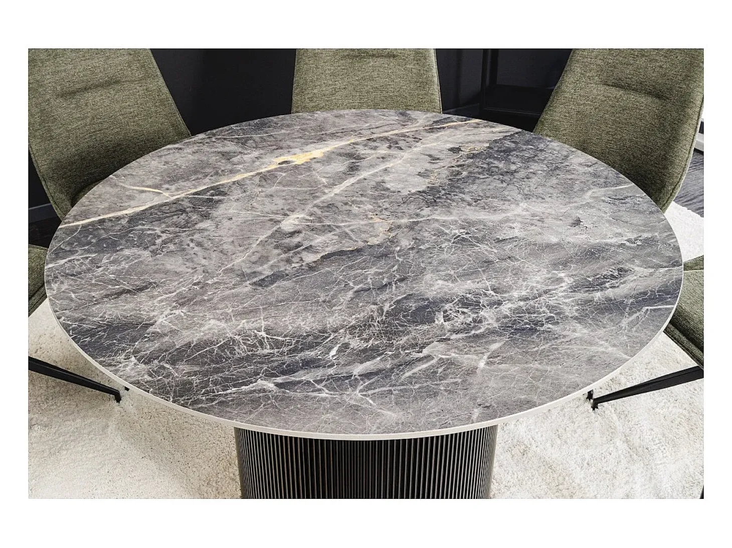 Mesa de comedor LUMEA – Redonda 120 cm – Efecto mármol gris oscuro – Pie central ancho – Estilo contemporáneo