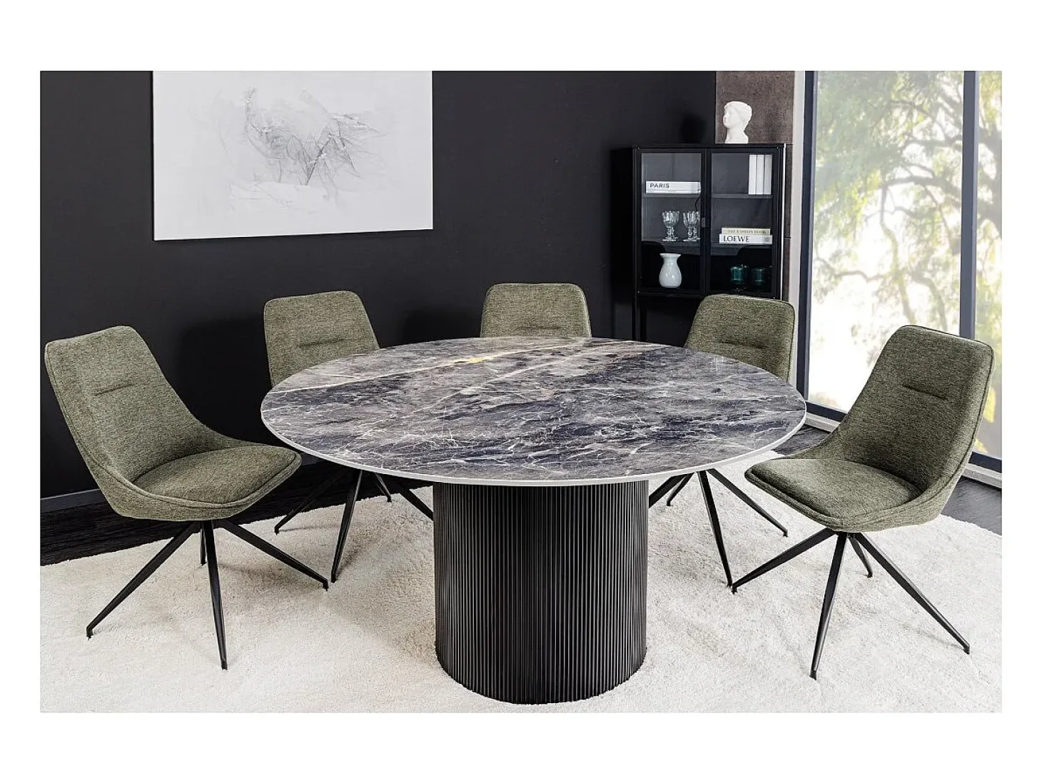 Mesa de comedor LUMEA – Redonda 120 cm – Efecto mármol gris oscuro – Pie central ancho – Estilo contemporáneo