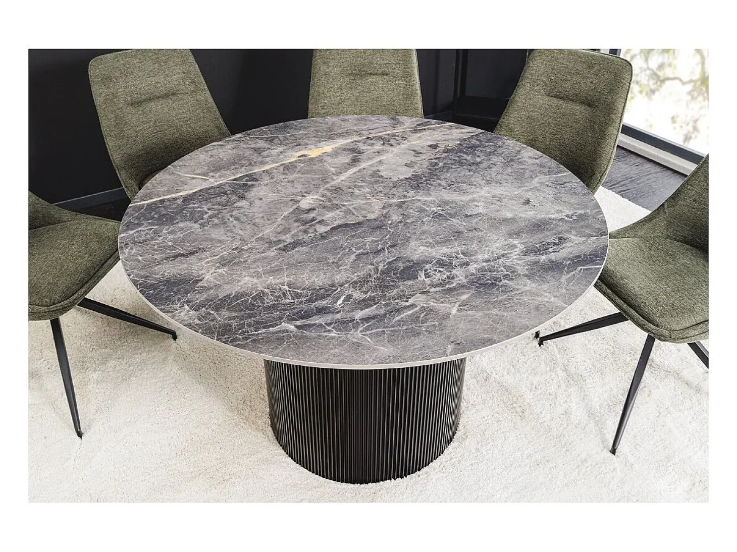Mesa de comedor LUMEA – Redonda 120 cm – Efecto mármol gris oscuro – Pie central ancho – Estilo contemporáneo