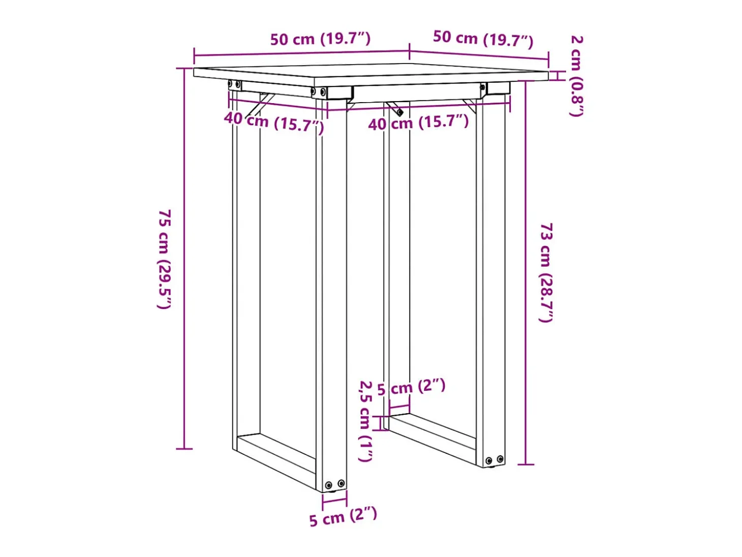 Mesa de comedor marco O madera maciza pino y hierro 50x50x75 cm