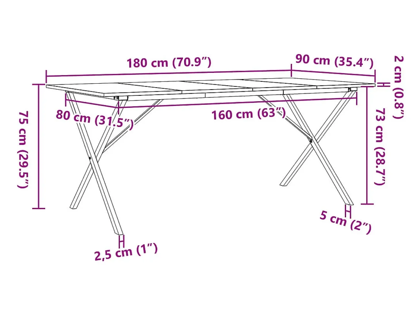Mesa de comedor marco X madera maciza pino y hierro 180x90x75cm