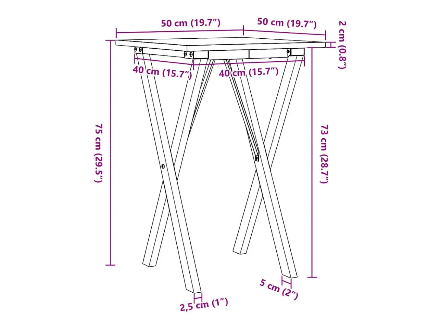 Mesa de comedor marco X madera maciza pino y hierro 50x50x75 cm