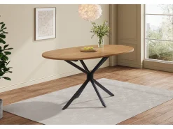 Mesa de comedor moderna, diseño limpio, MDF, color natural, con patas de metal, ovalada, para 4-6 personas (L120 x P80 x H75,5 cm)