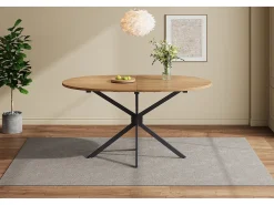 Mesa de comedor moderna, diseño limpio, MDF, color natural, con patas de metal, ovalada, para 4-6 personas (L120 x P80 x H75,5 cm)