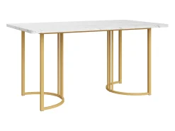 Mesa de comedor moderna de 140×80 cm, con patas de metal dorado, diseño de MDF blanco, tapa de mármol (140×80×75 cm)