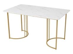 Mesa de comedor moderna de 140×80 cm, con patas de metal dorado, diseño de MDF blanco, tapa de mármol (140×80×75 cm)