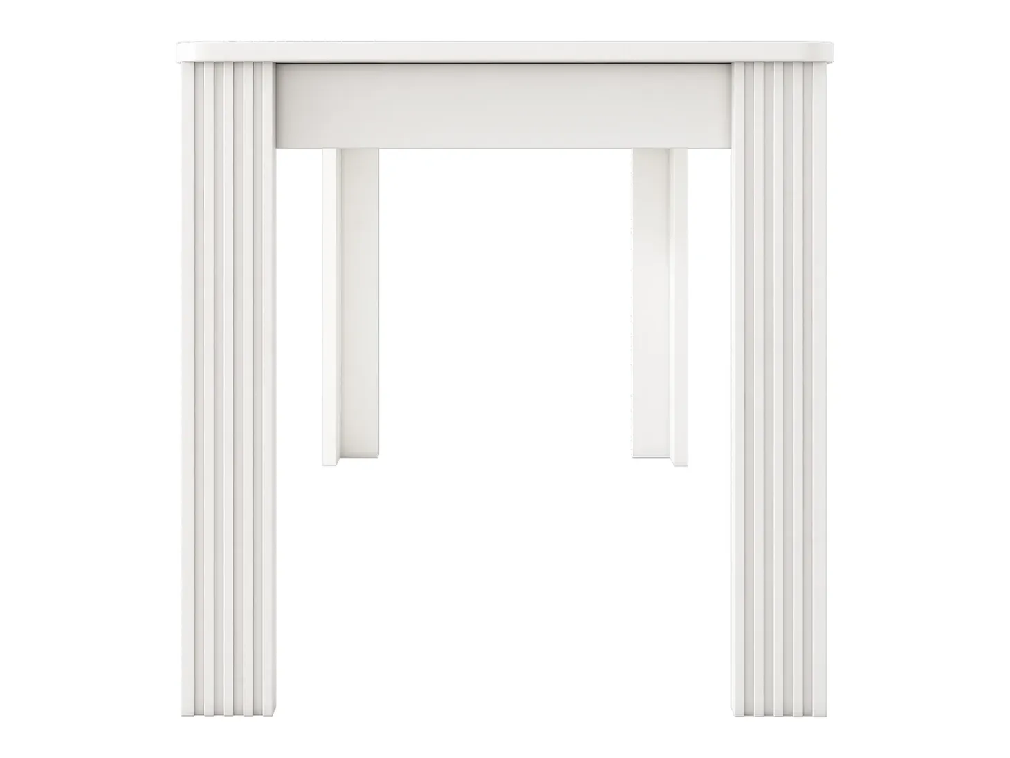 Mesa de comedor moderna, rectangular, patas de metal, diseño limpio, madera aglomerada, color blanco (dimensiones no especificadas)