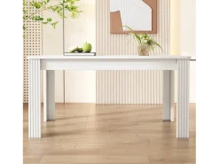 Mesa de comedor moderna, rectangular, patas de metal, diseño limpio, madera aglomerada, color blanco (dimensiones no especificadas)