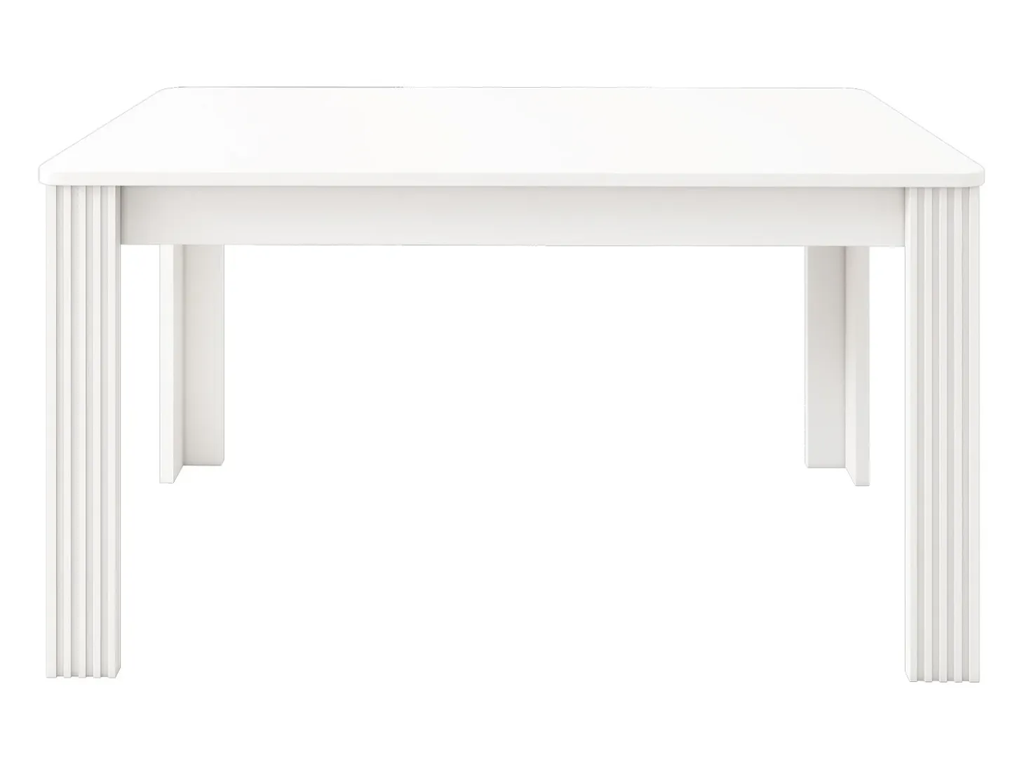 Mesa de comedor moderna, rectangular, patas de metal, diseño limpio, madera aglomerada, color blanco (dimensiones no especificadas)