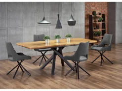 Mesa de comedor Montevideo con pata central de acero negro y tablero de aspecto roble