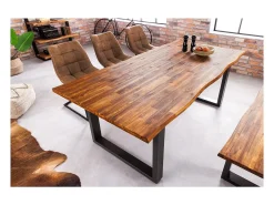 Mesa de comedor NALKO 160 cm – Tablero de madera de acacia aceitada y estructura de metal negro – Estilo industrial y natural