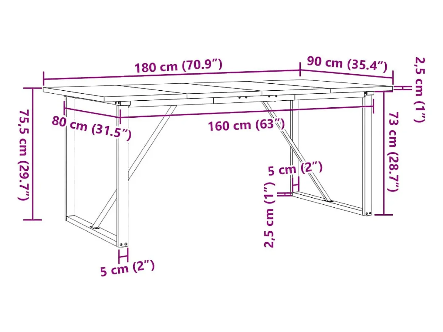 Mesa de comedor O-frame 180x90x75,5 cm madera maciza de pino acero