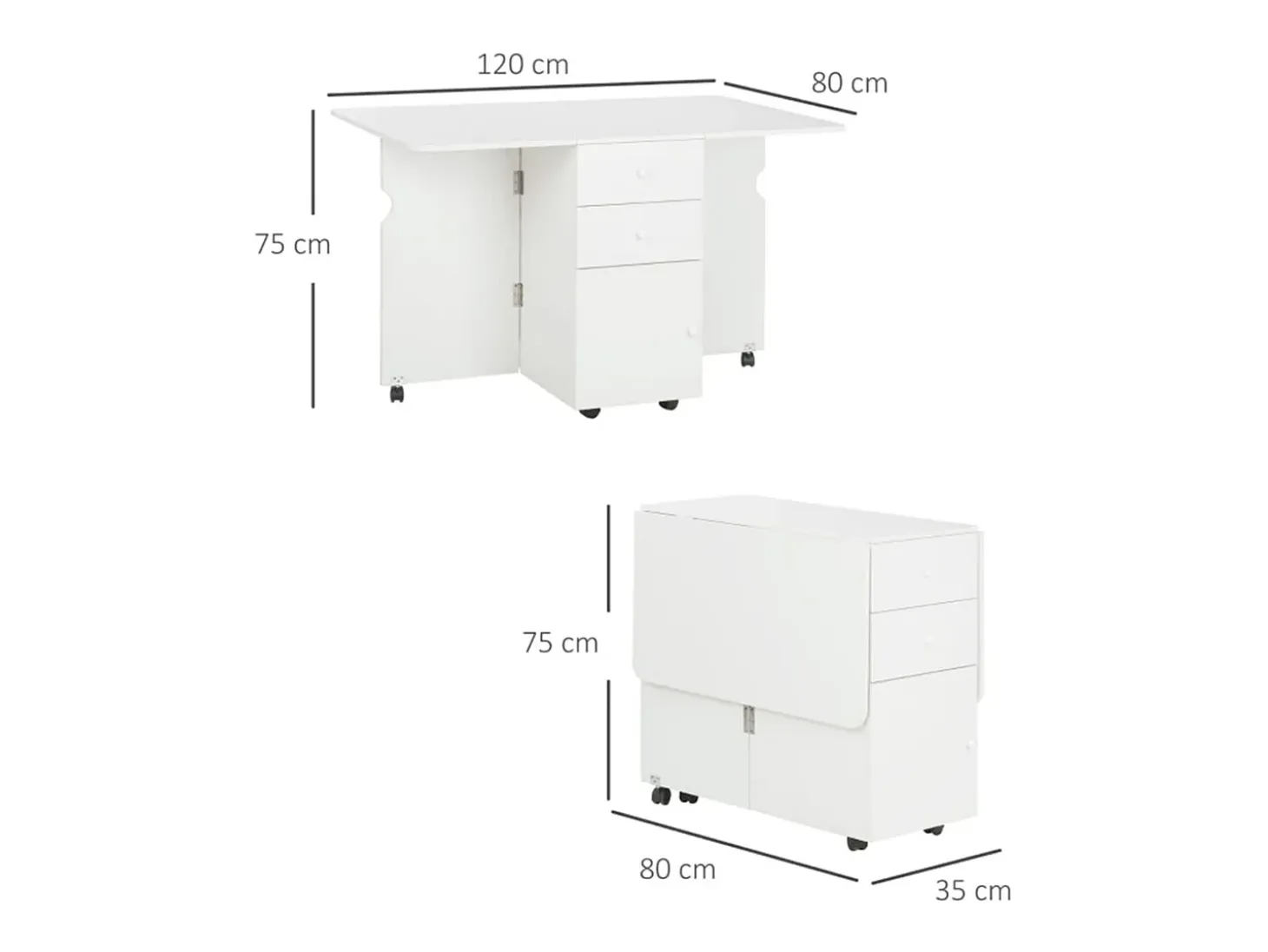 Mesa de comedor Oke Homcom plegable 2 cajones + 1 armario + ruedas blanco 75x35-120x80 cm