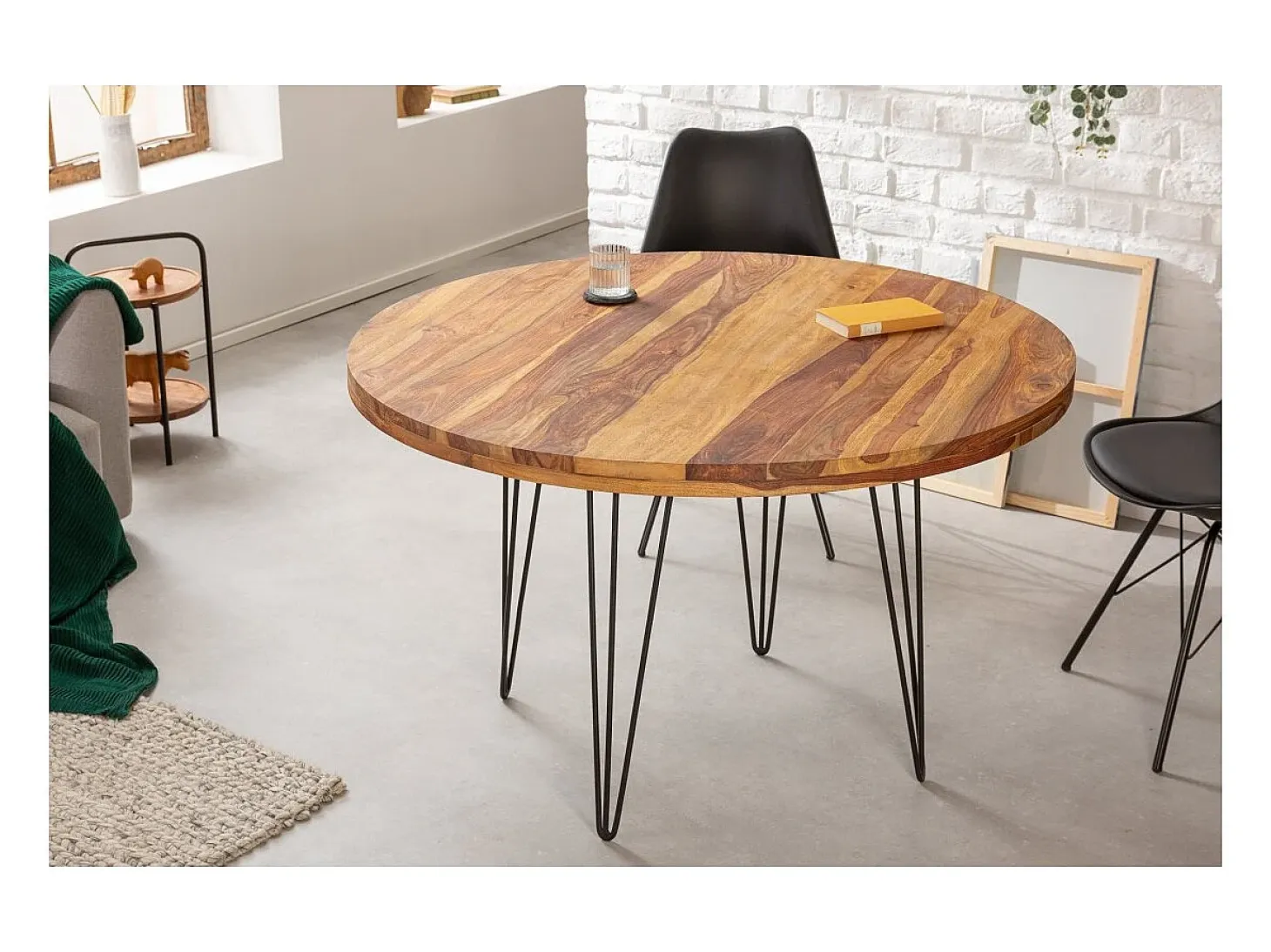 Mesa de comedor ORBO 120 cm – Tablero de madera de Sheesham barnizado y patas de metal negro – Estilo industrial