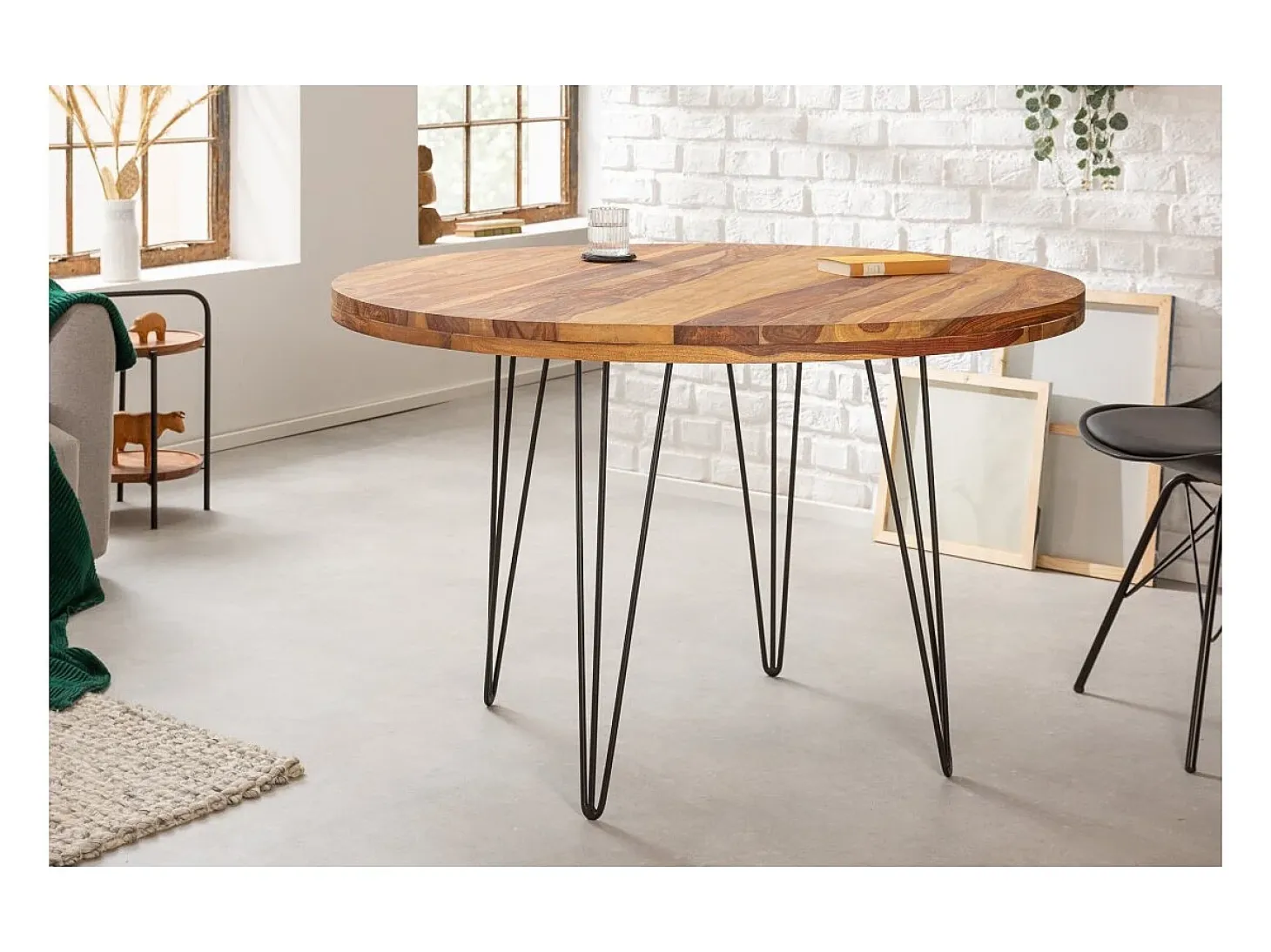 Mesa de comedor ORBO 120 cm – Tablero de madera de Sheesham barnizado y patas de metal negro – Estilo industrial
