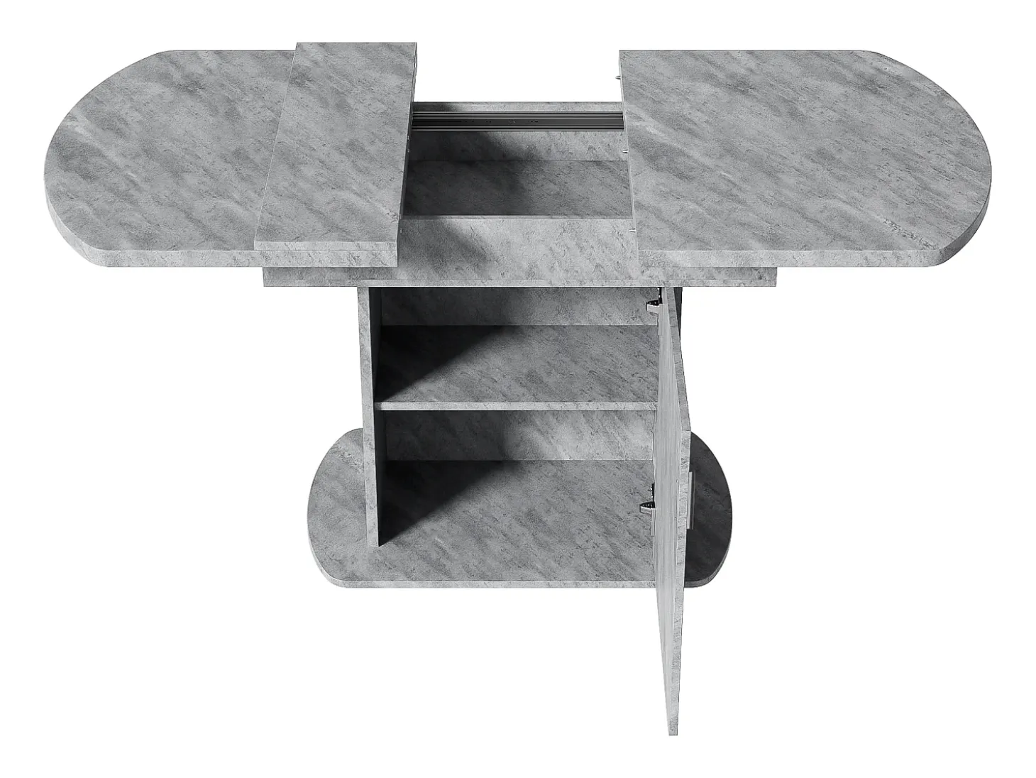 Mesa de comedor ovalada extensible - Mesa gris con una puerta y tiradores plateados - con almacenaje