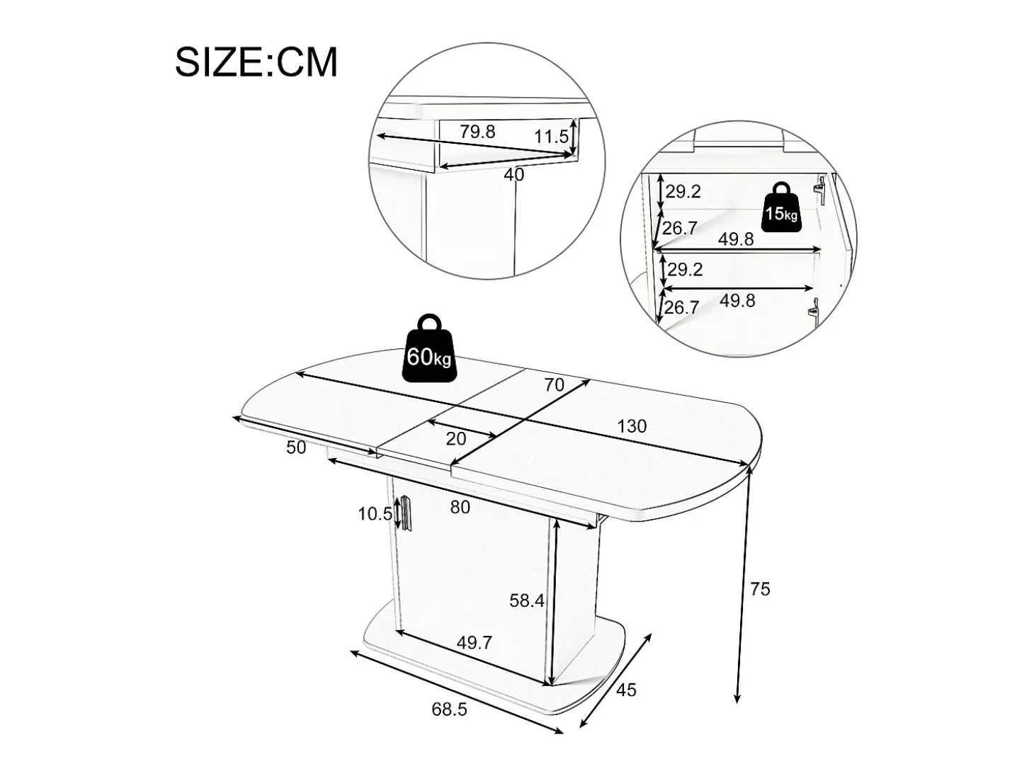 Mesa de comedor ovalada extensible - Mesa gris con una puerta y tiradores plateados - con almacenaje