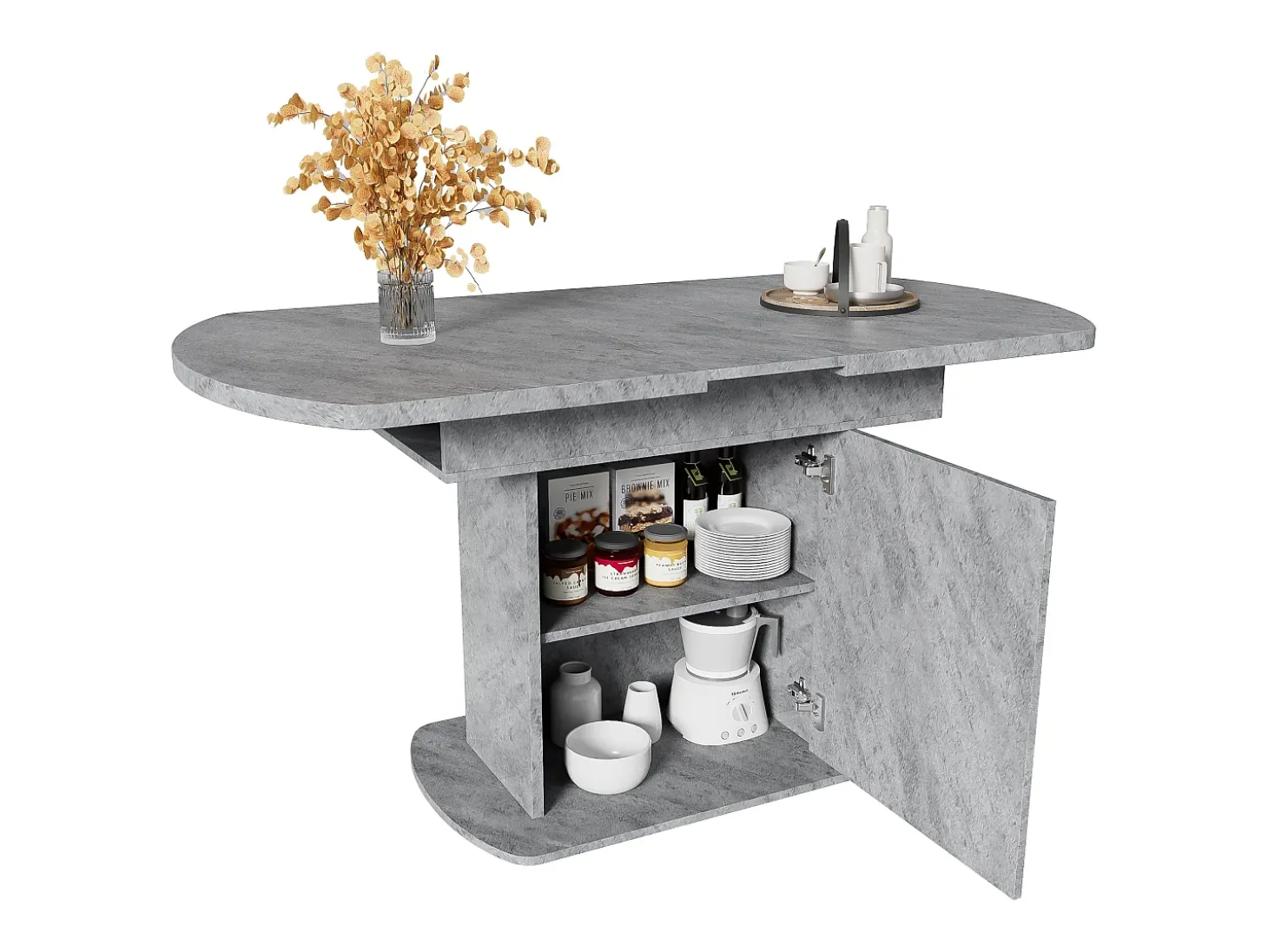 Mesa de comedor ovalada extensible - Mesa gris con una puerta y tiradores plateados - con almacenaje