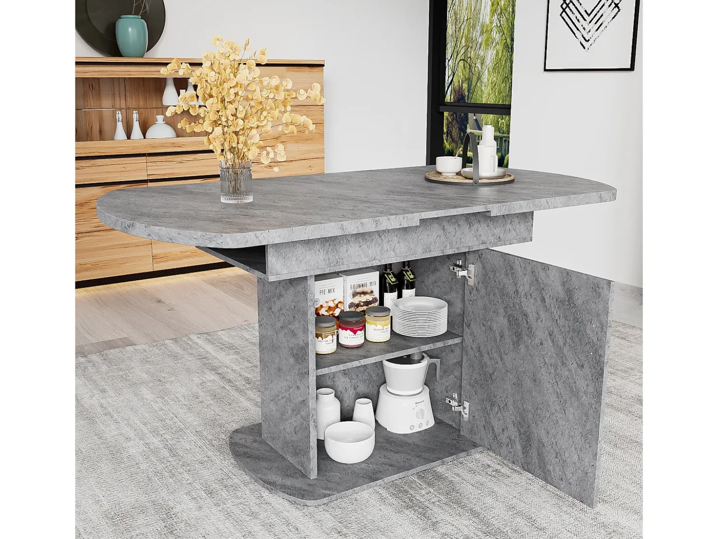 Mesa de comedor ovalada extensible - Mesa gris con una puerta y tiradores plateados - con almacenaje