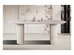 Mesa de comedor ovalada VAGOS – 200 x 100 cm – Color travertino – Diseño contemporáneo efecto piedra