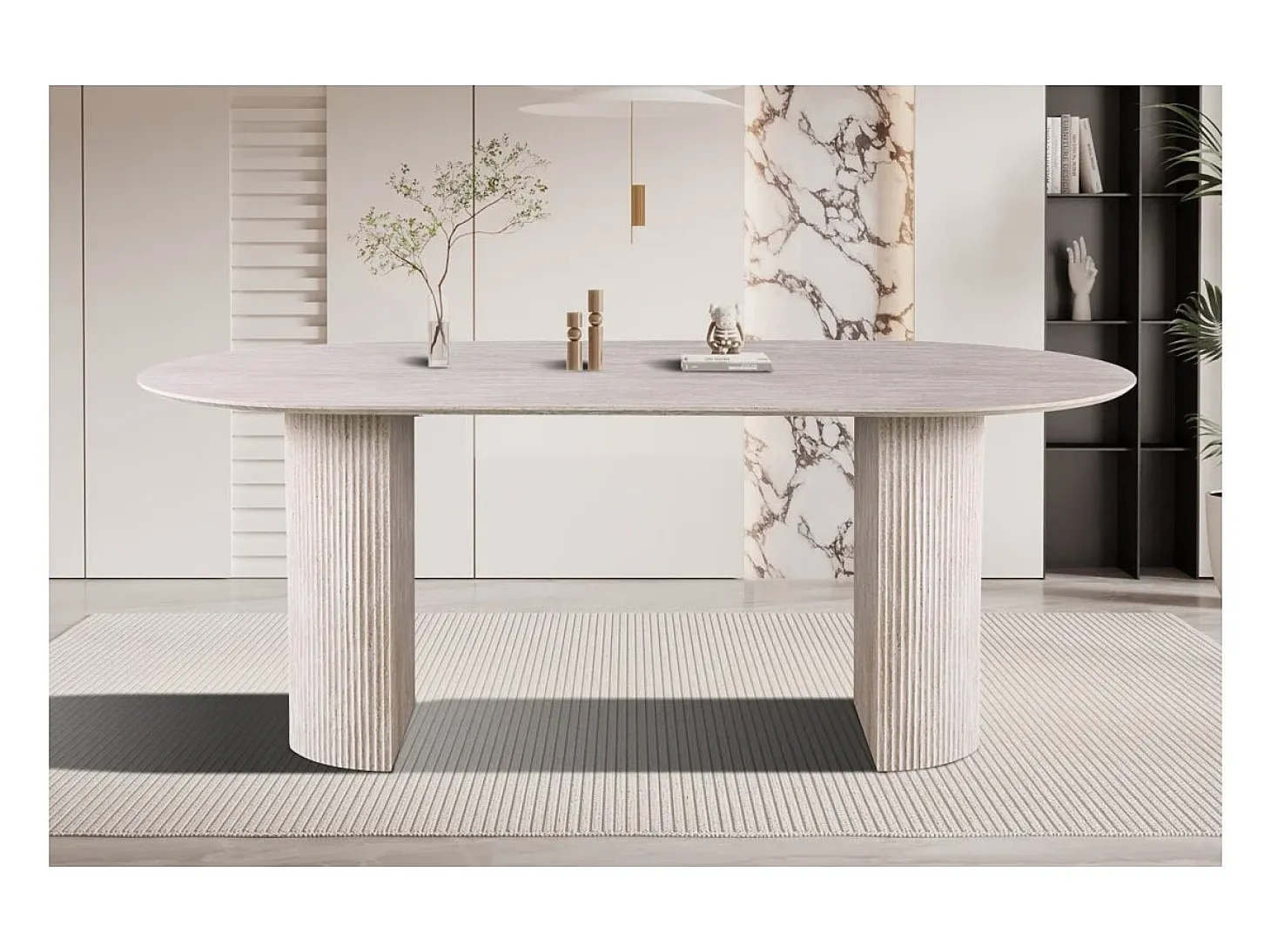 Mesa de comedor ovalada VAGOS – 200 x 100 cm – Color travertino – Diseño contemporáneo efecto piedra