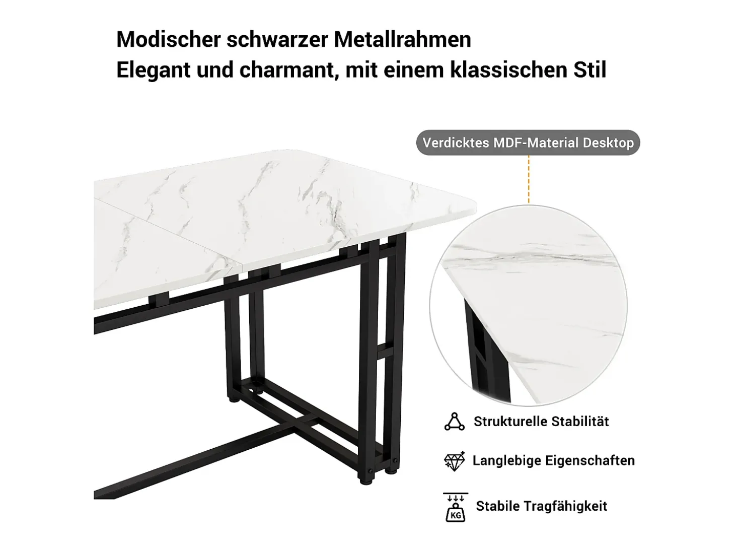 Mesa de comedor para 4 a 6 cubiertos con diseño de mármol - MDF + patas de metal negro - blanco