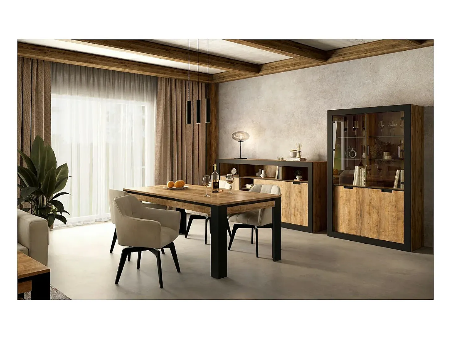 Mesa de comedor para 8 personas MEUNIER – Roble & Negro Mate, 195×77×100 cm