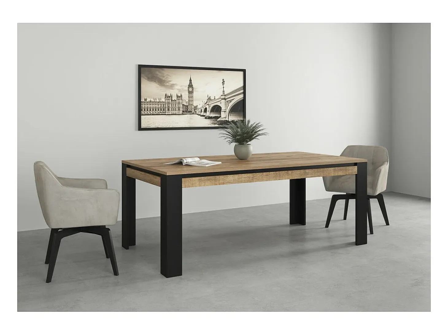 Mesa de comedor para 8 personas MEUNIER – Roble & Negro Mate, 195×77×100 cm