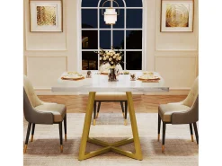 Mesa de comedor para 4 personas, estilo moderno, robusto marco de metal, mesa de cocina de 80 x 80 x 75 cm para comedor (Blanco y Oro)