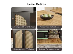 Mesa de comedor plegable para 4-6 personas - 110-140 x 80 x 75 cm - extensible - con 2 puertas de ratán - MDF - color negro